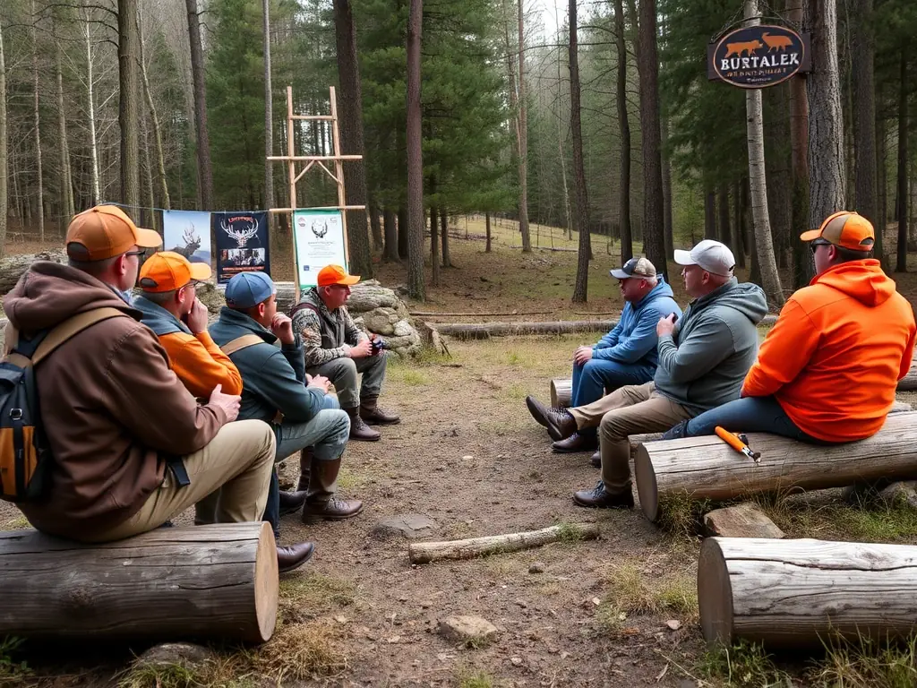 A photograph of young hunters learning about wildlife and conservation from experienced members of the hunting club, fostering the next generation of responsible hunters.