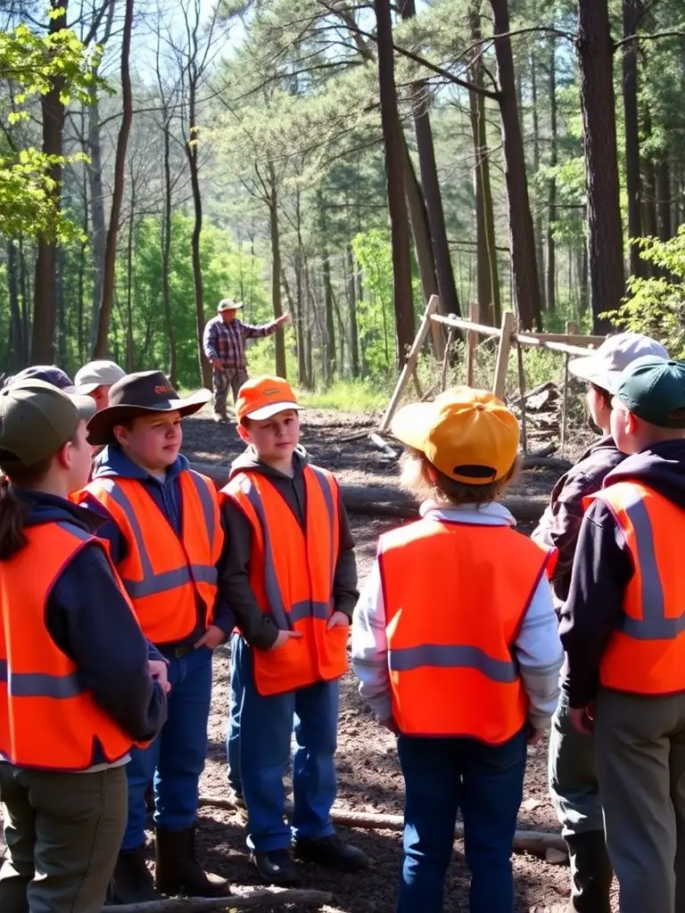 A picture of young hunters participating in a mentored youth hunt, learning about hunting ethics and wildlife conservation from experienced mentors.