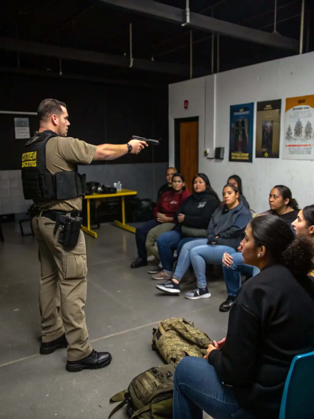 A photo of a hunter safety training session, showing participants learning about firearm safety and responsible hunting practices.