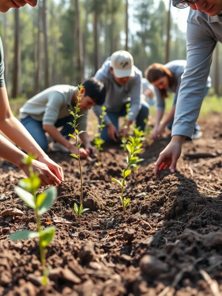 A group of volunteers planting trees as part of a habitat restoration project in the Sauclieres area, promoting biodiversity and wildlife conservation.