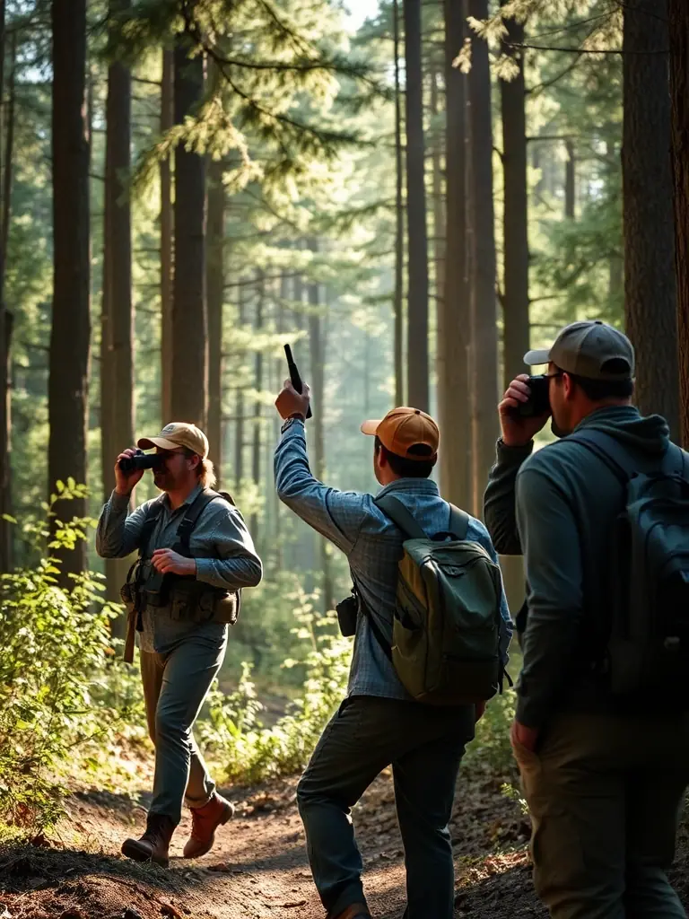 A group of hunters participating in a guided deer hunt in the Nant region, wearing appropriate hunting gear and accompanied by a certified hunting guide.
