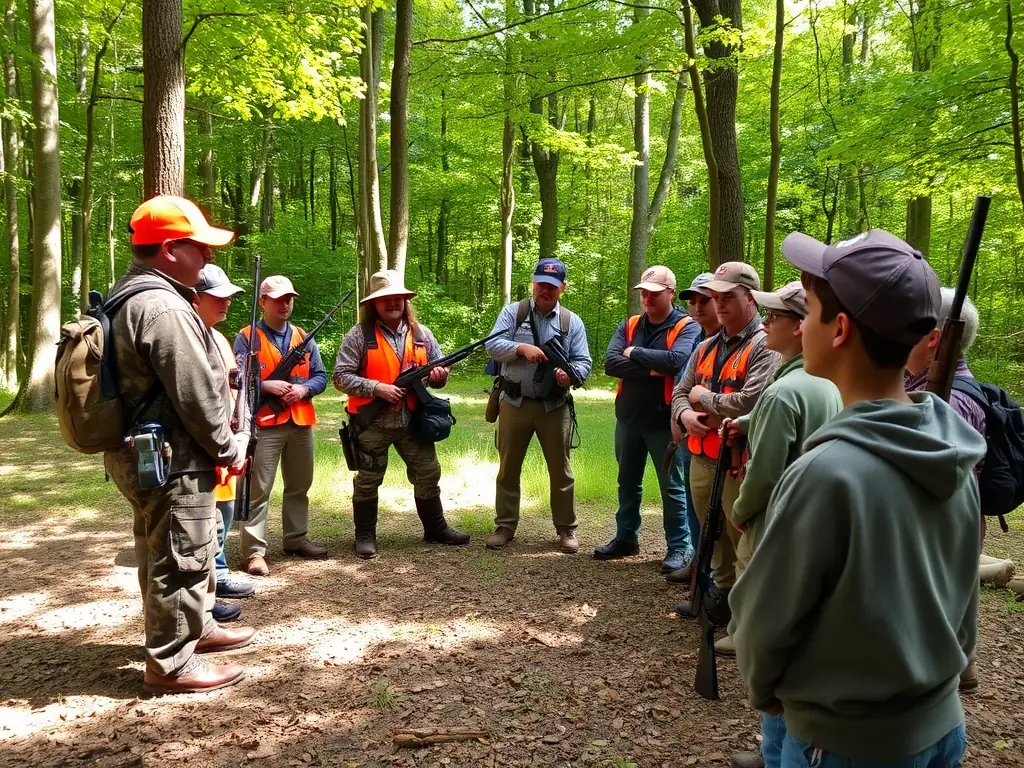 A group of hunters participating in a training session on responsible hunting practices in a natural setting, emphasizing safety and ethical conduct.